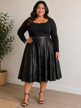 Plus-Size Black Circle Faux Leather Skirt With Gold Thread. Handmade